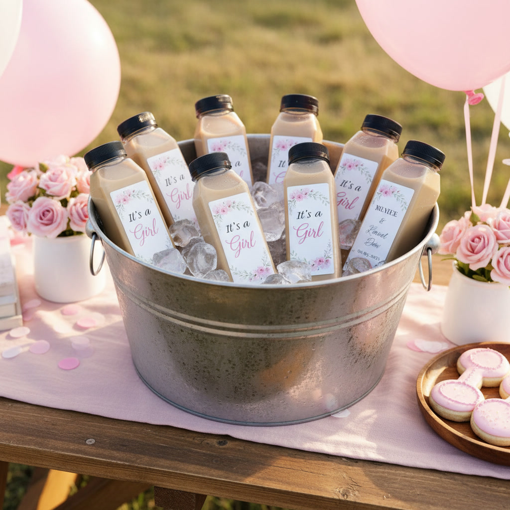 A bucket of chilled Gondolier Coffee bottled drinks labeled 'It's a Girl' for a gender reveal