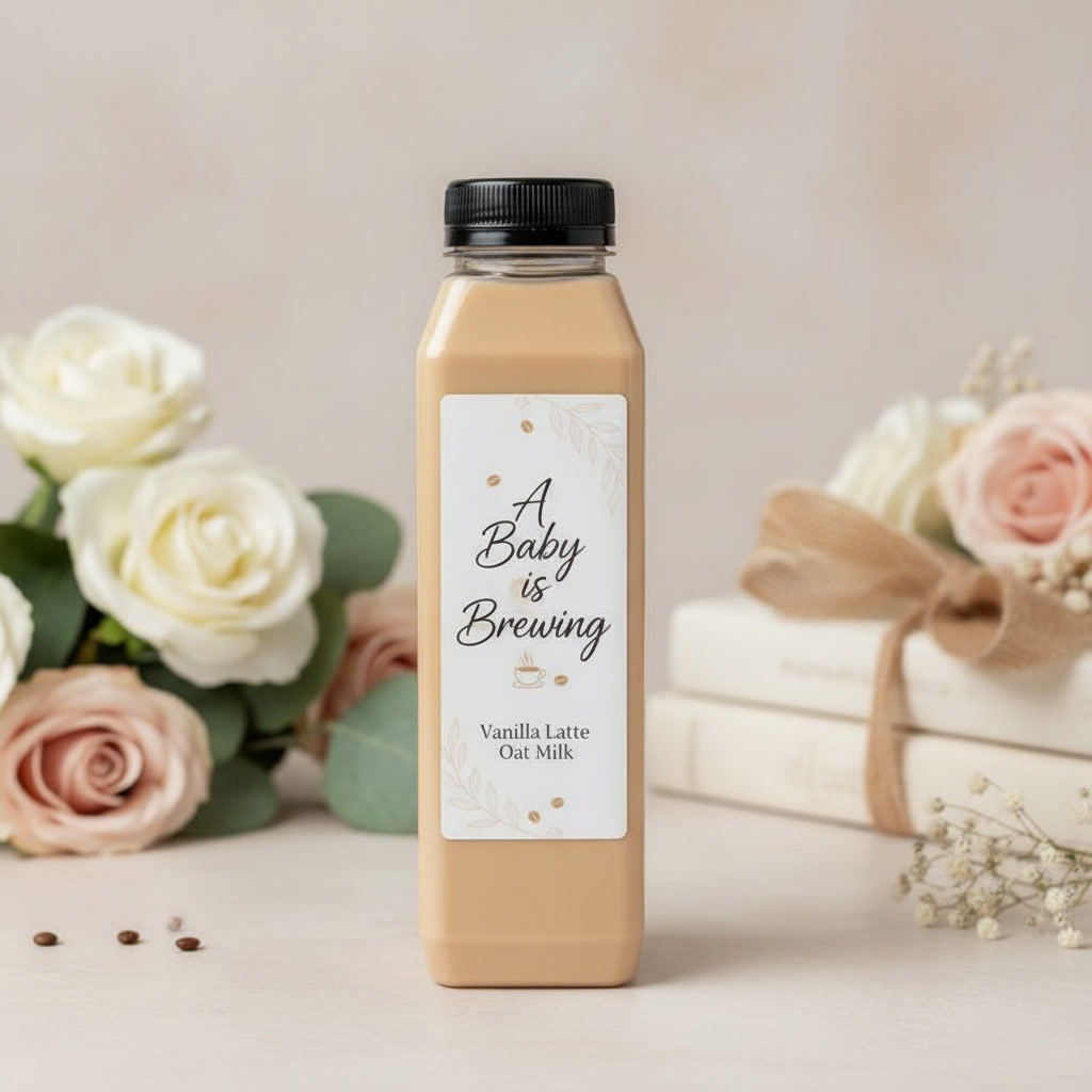 A single bottled vanilla latte labeled 'A Baby is Brewing' for a baby shower
