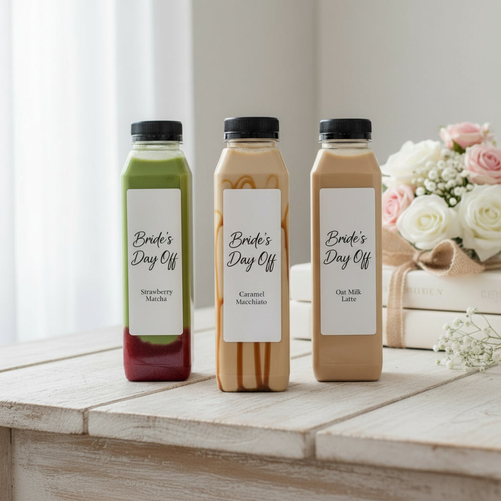 Three Gondolier Coffee bottled drinks labeled 'Bride's Day Off' for a bridal shower