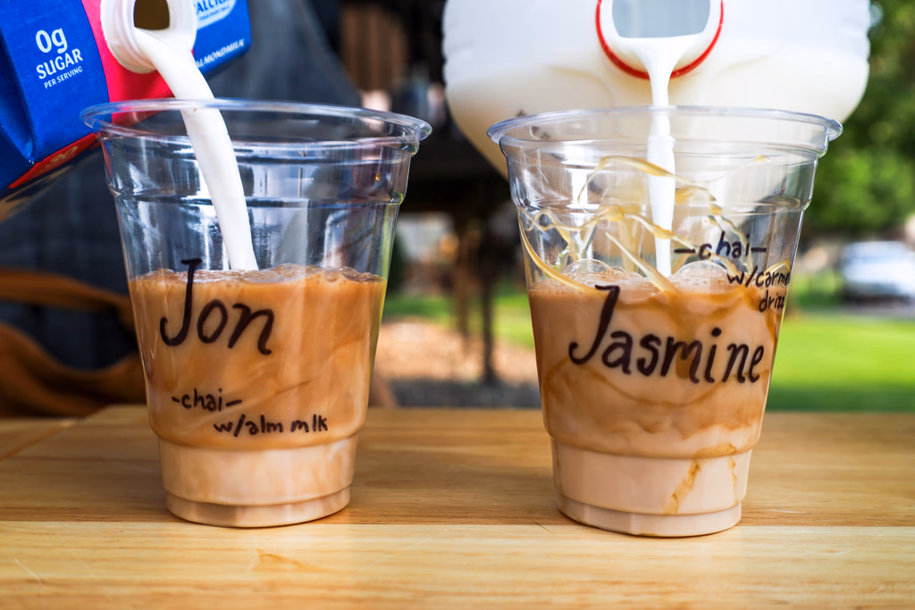 Iced specialty coffees served on the Gondolier Coffee cart at an event